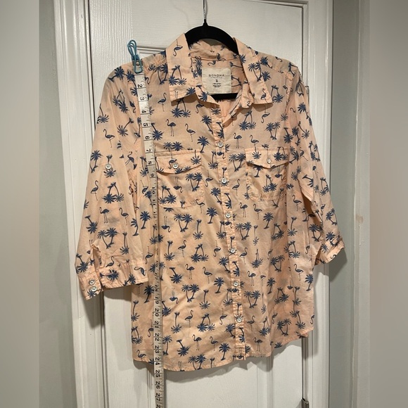 Sonoma Size M Pink Blue 3/4 Sleeve Button Down Shirt Flamingo Palm Tree Print - Picture 8 of 9